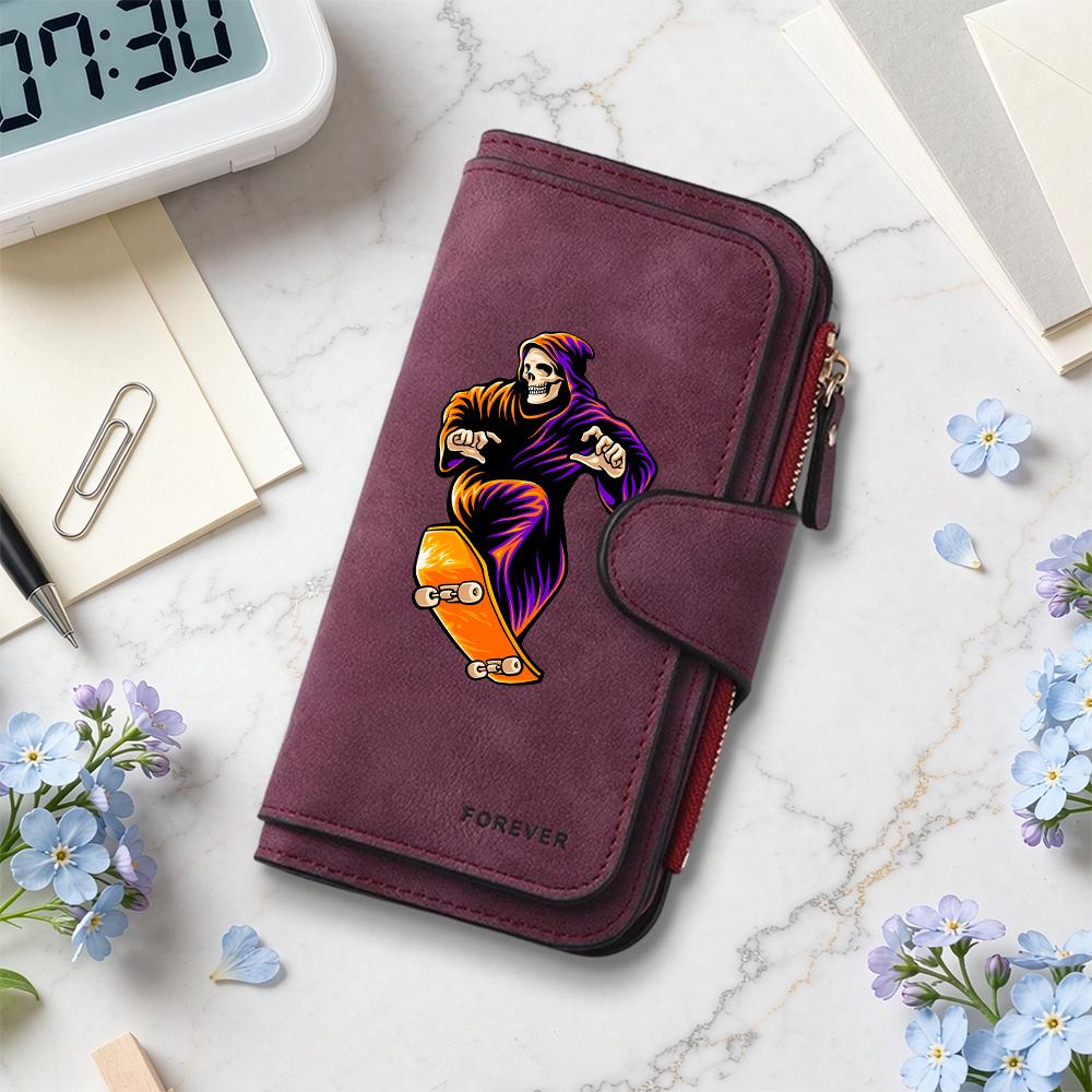 Grim Reaper Skate Pattern Long Wallet Forever Stylish Portable Card Holder Purse for Daily Use