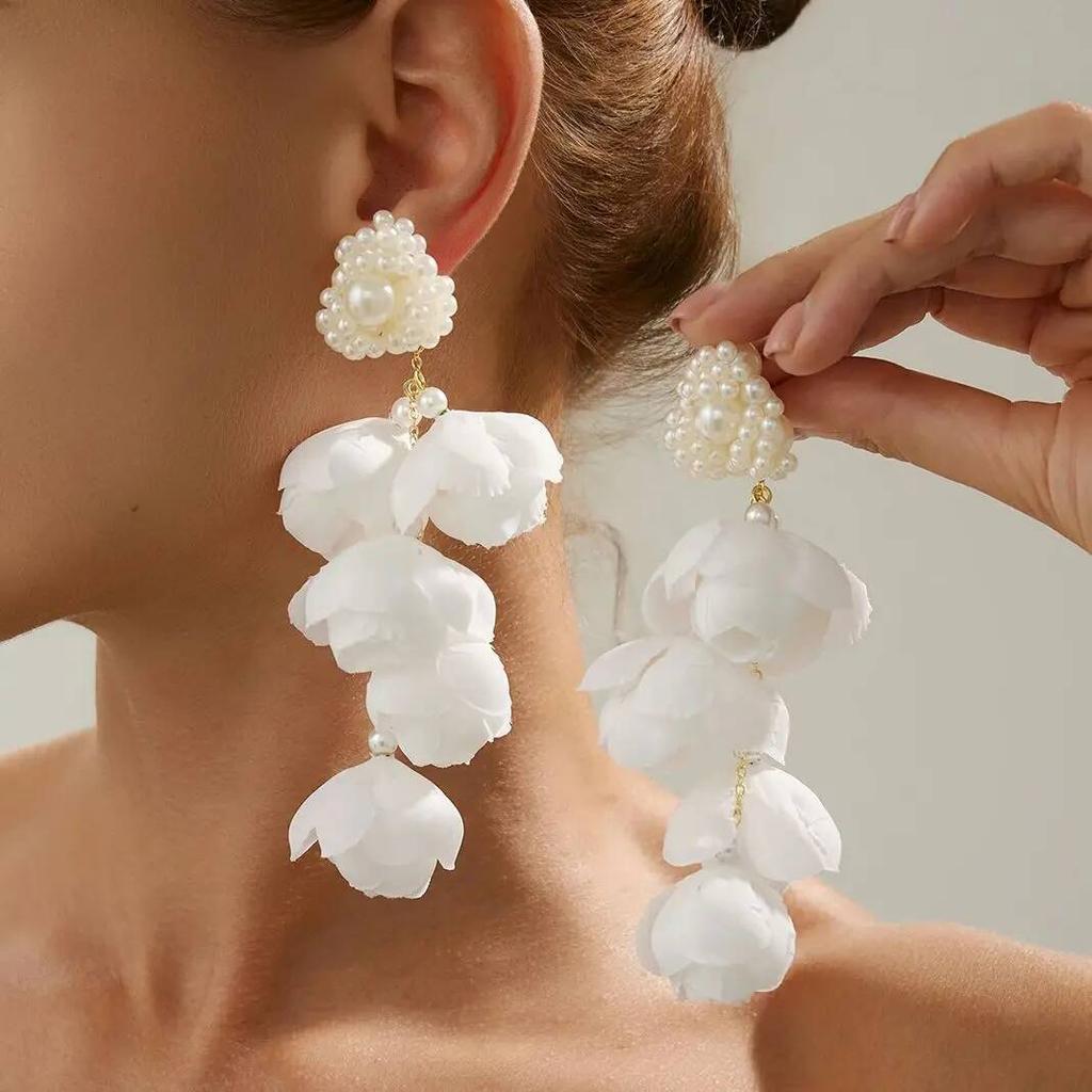 KunJoe Romantic Pure White Flower Long Pendant Earrings for Women Bridal Elegant Imitation Pearl Drop Earrings Wedding Jewelry