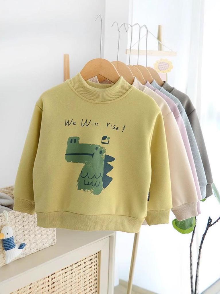 Kids' Fleece-Lined Dinosaur Sweatshirt, Autumn/Winter, Coral Fleece, Half-High Collar, Thickened Warm Top