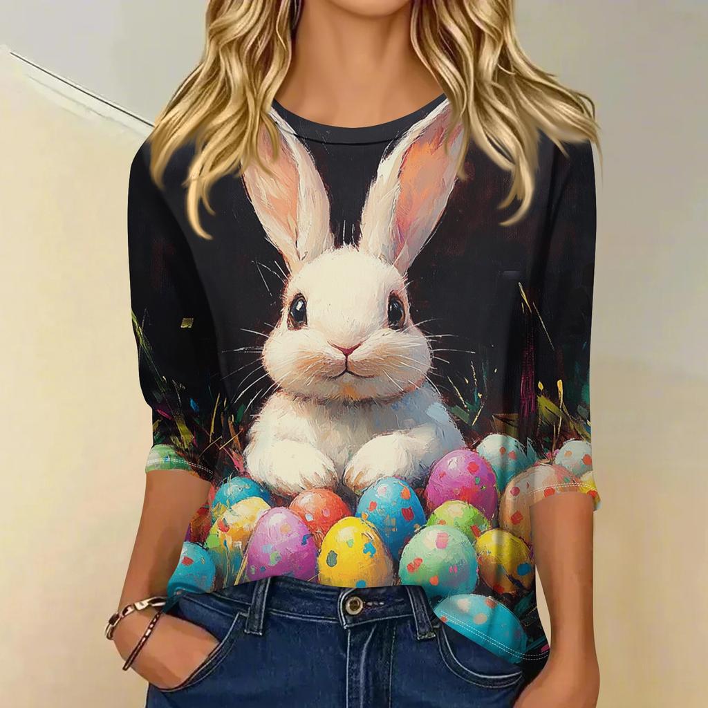 Women's Fashion Loose Casual Seven Sleeve Printed Round Neck Top