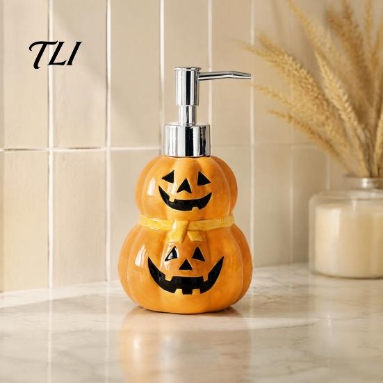 Ceramic Liquid Soap Container Halloween Ghost Dispenser, with Stainless Steel Pump, Pumpkin Refillable Countertop Dispenser Hand Container,