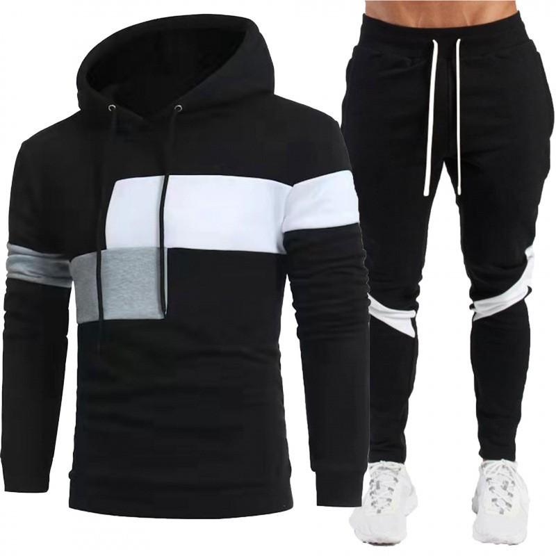 Mens Hooded Sweatshirt Set Winter Color Block Tracksuit Two Piece Casual Sportswear