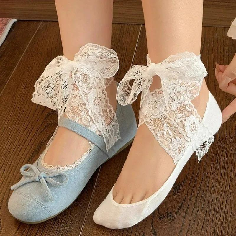 1/4pairs Fashion White Flower Lace Tie Straps Boat Socks Korean Sweet Ballet Sock for Women Kawaii Lolita JK Slipper Dance Sock