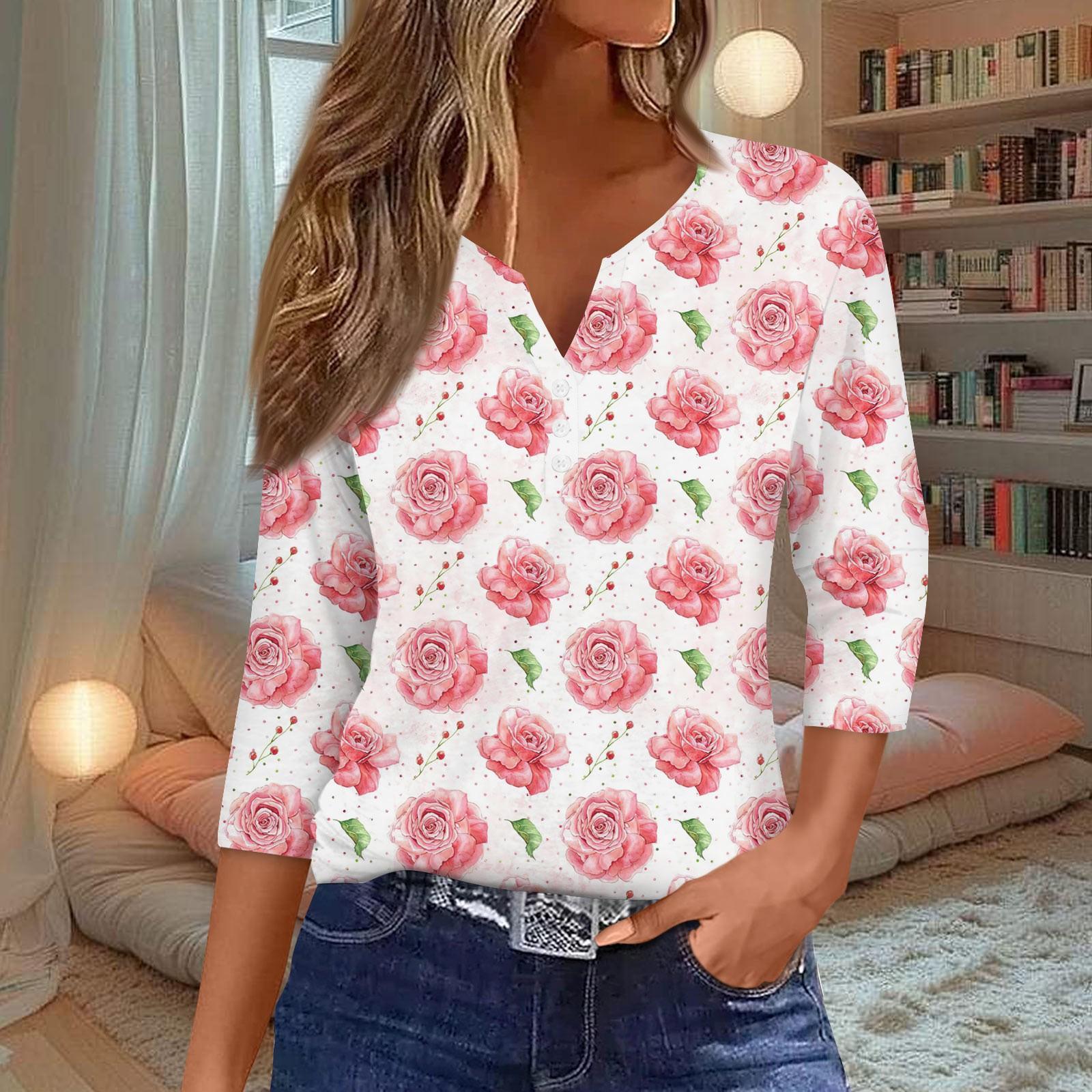 

Женская мода Повседневная полосатая футболка с v-образным вырезом и декоративными пуговицами с рукавом три четверти Топ XXL белый