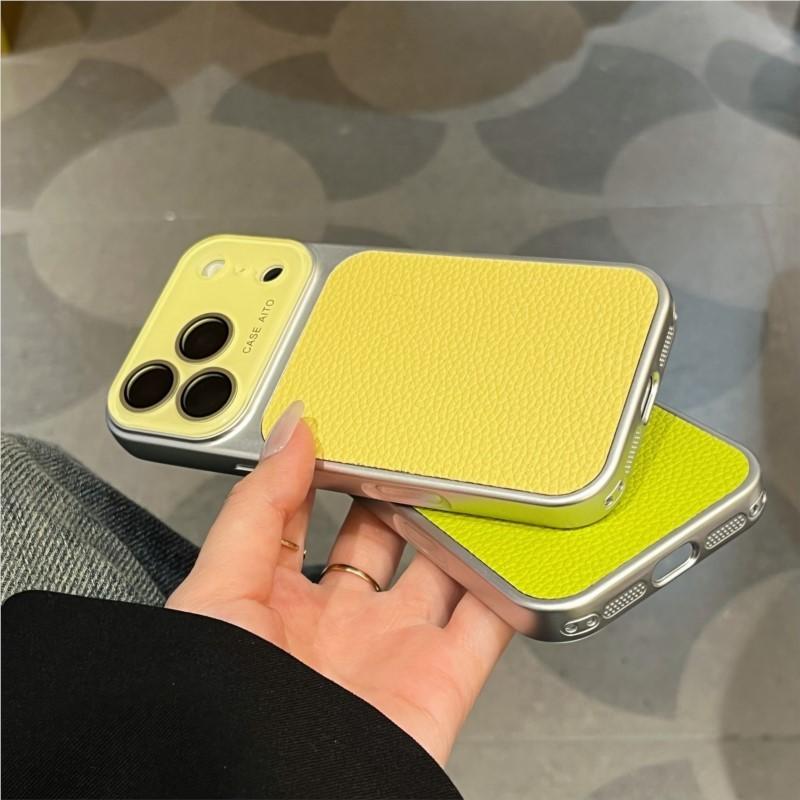 Luxury Lychee Solid Leather Color Case for iPhone 17 16 15 14 13 Pro Max Matte Shockproof Hybrid Glass Camera Protection Cover