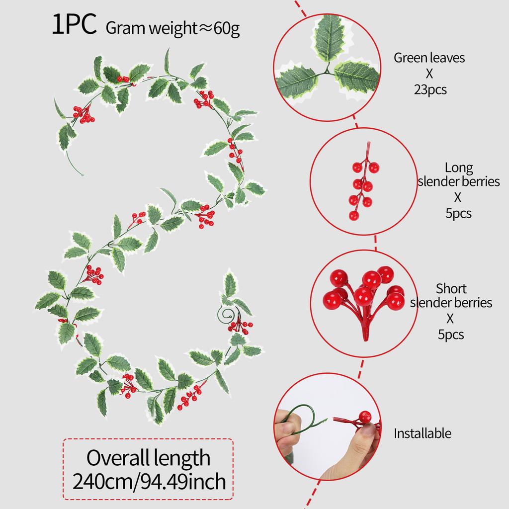 Plastic Holly Berry Garland Set 2 Pieces 94 49 inch Lifelike and Flexible Holiday Decoration for Home and Events