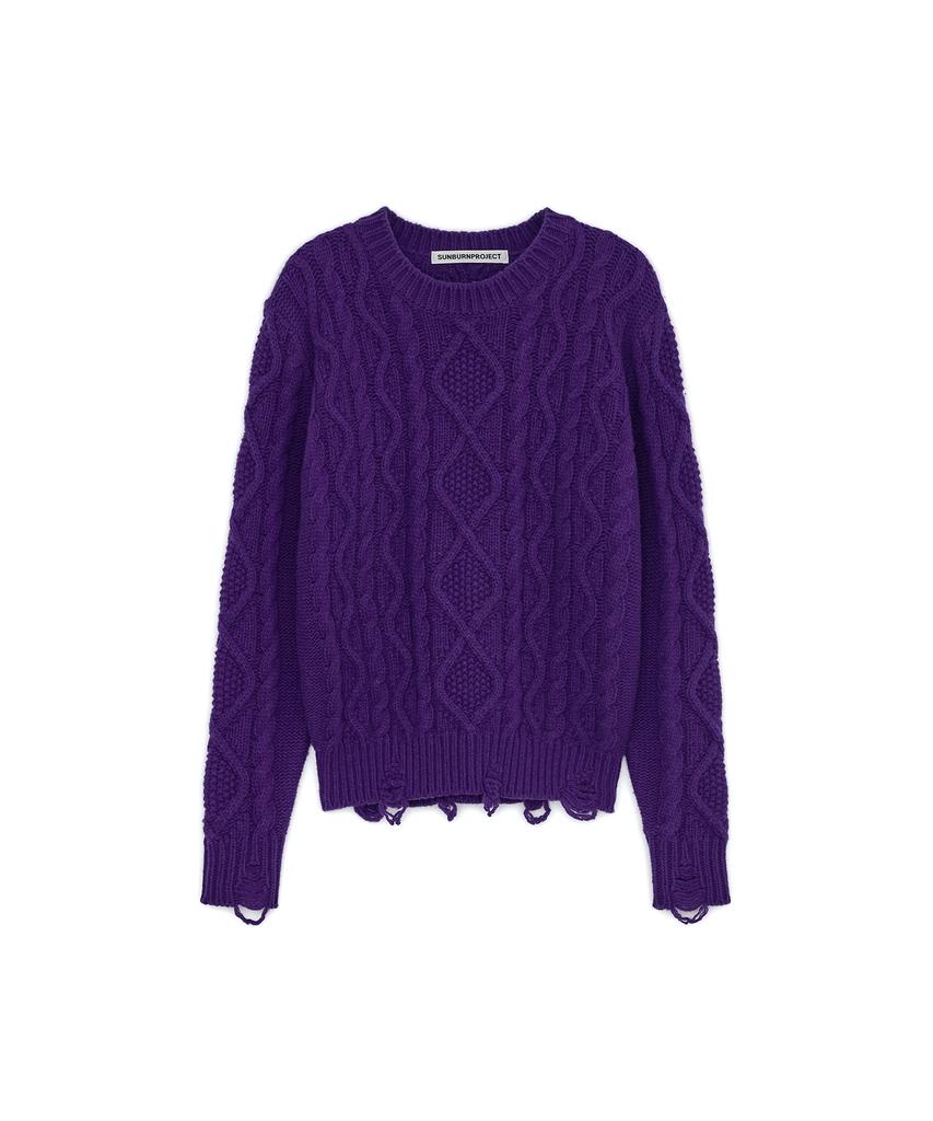SUNBURNPROJECT Damaged Cable Wool Knit, Purple