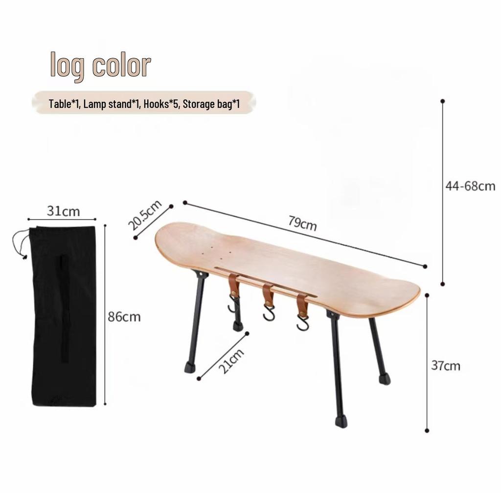 Skateboard-Style Portable Solid Wood Folding Table for Camping and Outdoor Use