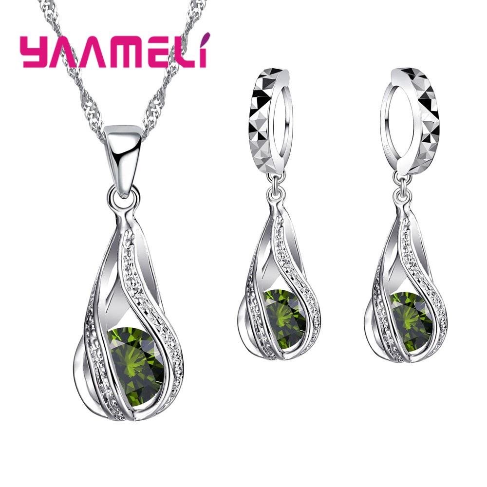 Water Drop Crystal Necklace Earring Set For Women 925 Silver Engagement Wedding Jewelry Set For Valentines Day Gift