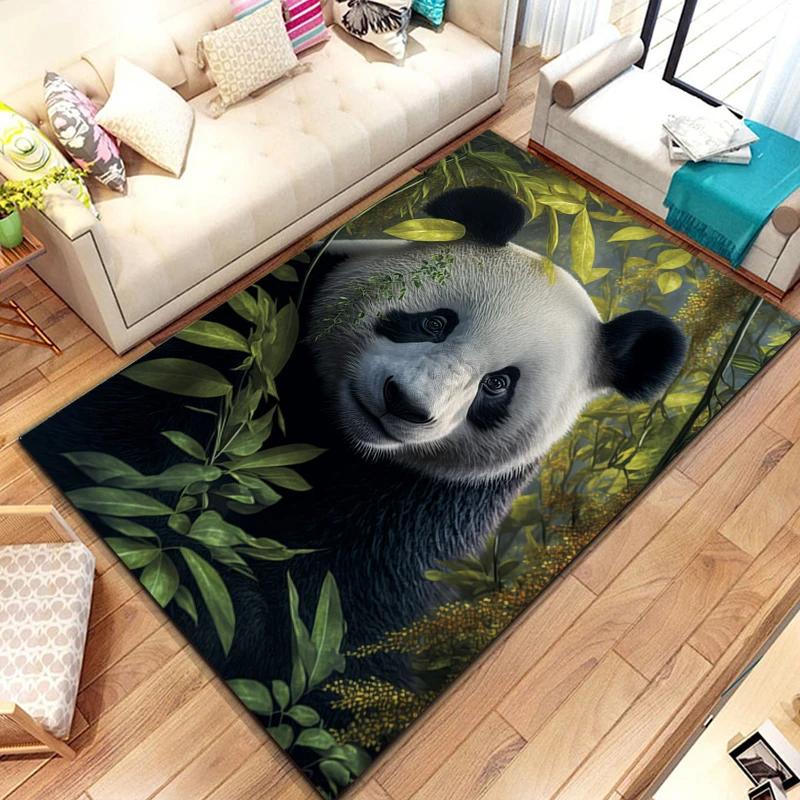 Uroczy dywanik z pandą do sypialni, pokoju zabaw, na sofę, dywan z naturalnych liści bambusa, kreskówkowy dziki zwierz dżungli, wewnętrzna mata podłogowa, wycieraczka