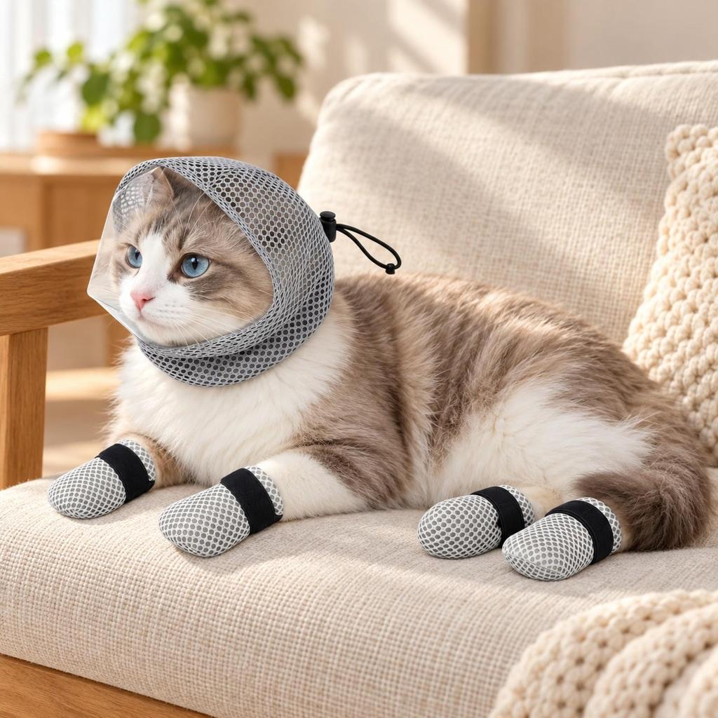 Mesh Cat Muzzle Hood with Paw Covers Adjustable Head Cover