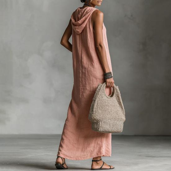 Hooded Sleeveless Maxi Dress for Women Button Down Casual Shirt Dress with Pockets Summer Beach Sweatshirt Long Dress
