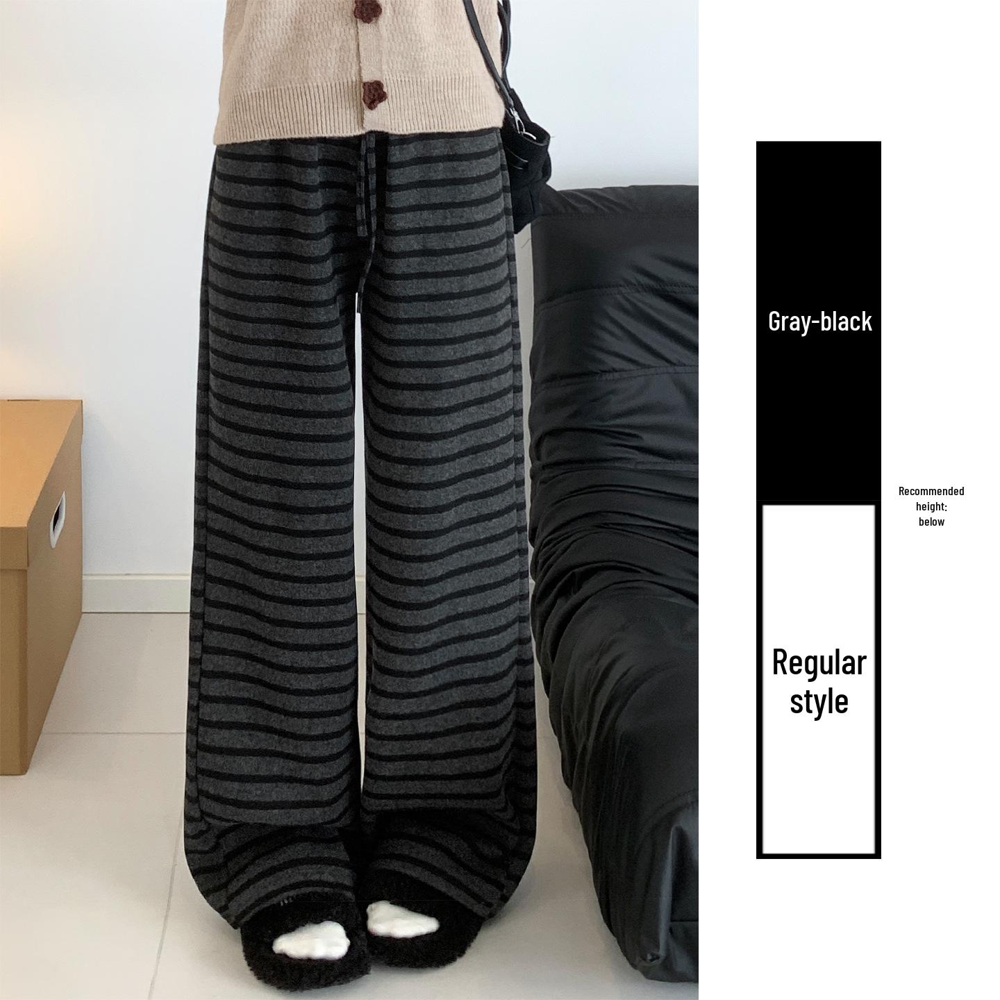 

Ash-Black Plush-Lined Wide-Leg Striped Women s Pants: New Autumn/Winter Style, Loose Fit, Slimming, Good Drape, Straight Leg XL