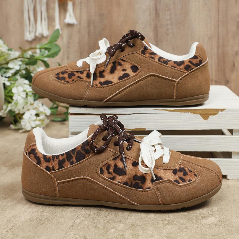Fashion Fashion Leopard Mix Color Lace Up Sneakers Women 2025 Autumn Round Toe Soft Sole Casual Shoes Non Slip Soft Sole Shoes Size 43