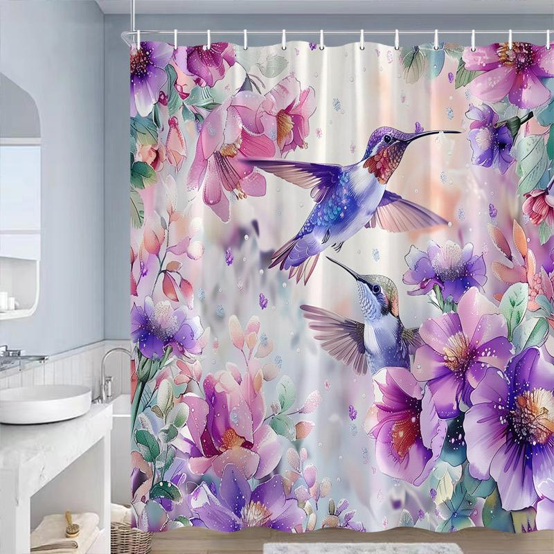 Purple Floral Hummingbird Shower Curtains Butterfly Birds Flowers Plant Modern Polyester Home Bathroom Curtain Decor With Hooks