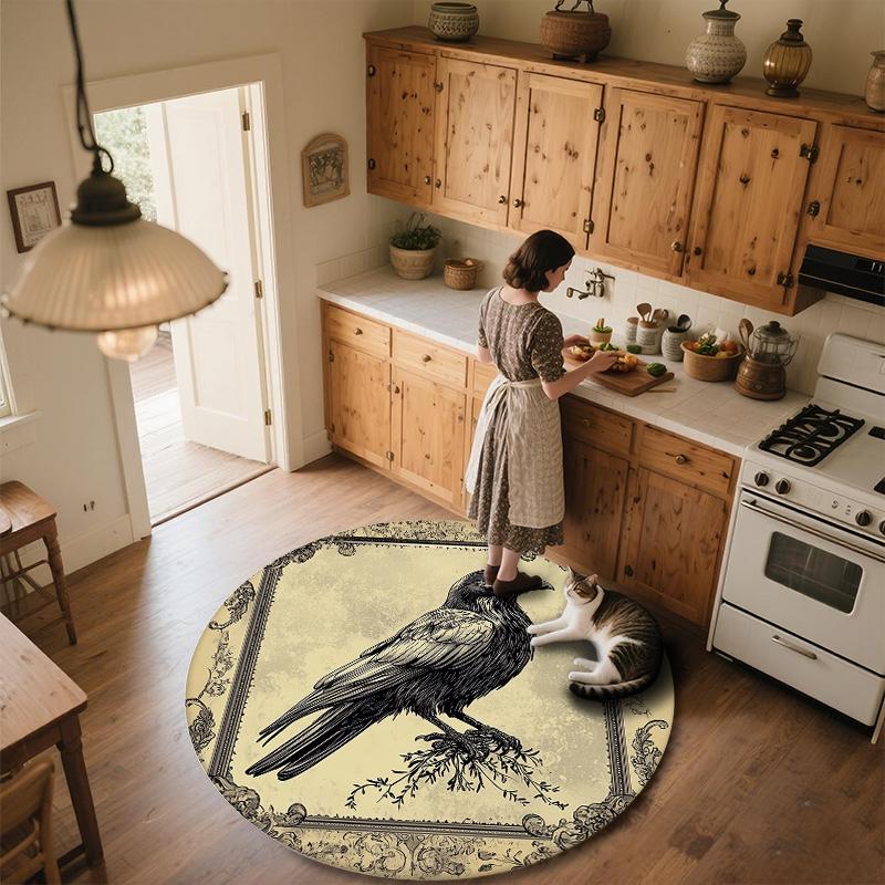 Vintage Border Crow,Round Area Rug,Carpet Rug for Living Room Bedroom Sofa Playroom Decor,Non-slip Floor Mat