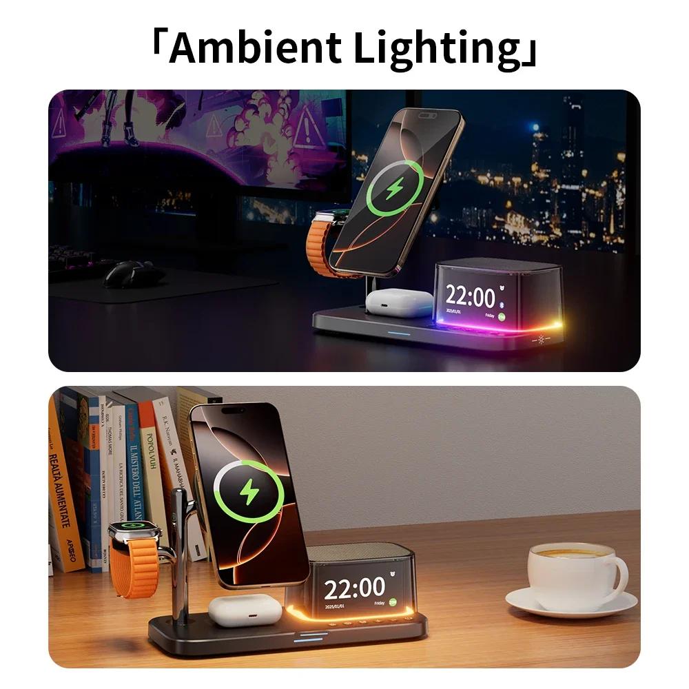 25W Qi2.2 Magnetic Wireless Charger Stand Alarm Clock RGB Light For iPhone 17~12 Pro Max iWatch 11-2 Airpods Pro 3 Fast Charging