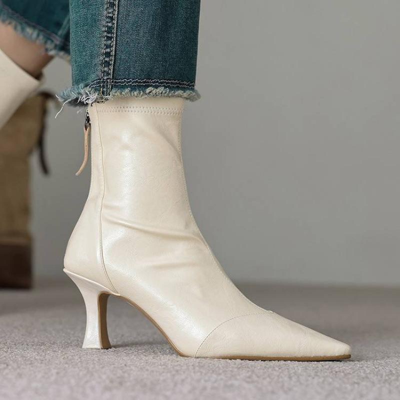 Neue, hochhackige Damenstiefel in großen Größen, mit Reißverschluss hinten, weicher Sohle aus Rindersehnenmaterial, komfortablem Reißverschluss hinten, einfarbigem, vielseitigem Stiletto-Stiefel mit mittelhohem Absatz.