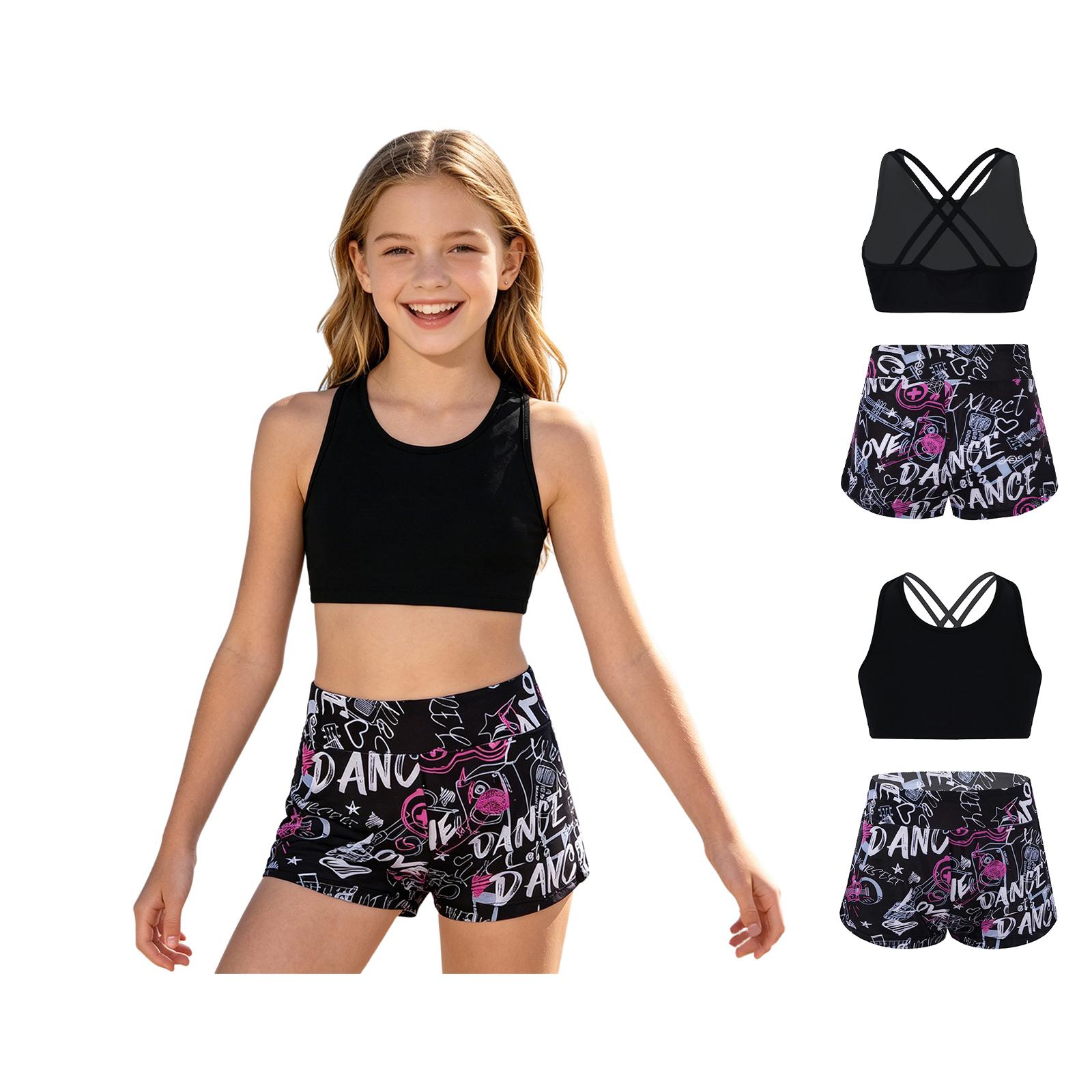 Yeahdor Meisjes badpak 2PCS set Racerback top met korte dans sport outfits gymnastiek zwemkleding 7-8Years helder roze/zwart