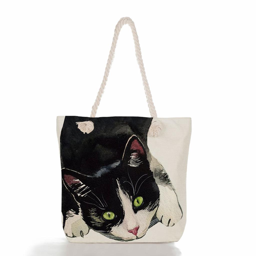 Cute Cats and Dogs Print Thick Rope Single-shoulder Beach Bag 7225