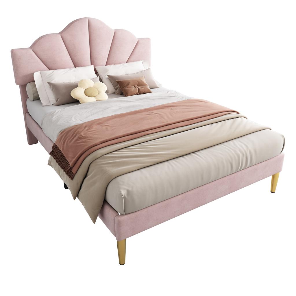 Velvet, upholstered bed, 140*190 cm, double bed, shell-shaped bed with gold iron legs, height-adjustable headboard, wooden slatted base, pink