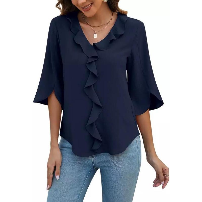 Women's Ruffled V-Neck Shirt Bell-Sleeve Blouse
