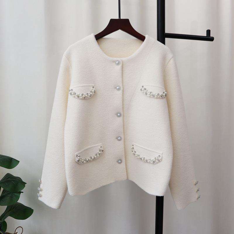 Bead Design Sense Knitted Double-sided Cardigan Women's Autumn and Winter New Temperament Soft Waxy Sweater Jacket