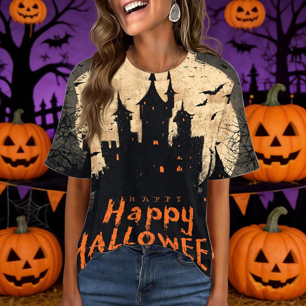 Women's Casual Halloween Pullover Top Short Sleeve Round Neck Pocket T-Shirt Halloween Print Casual Fit Lightweight