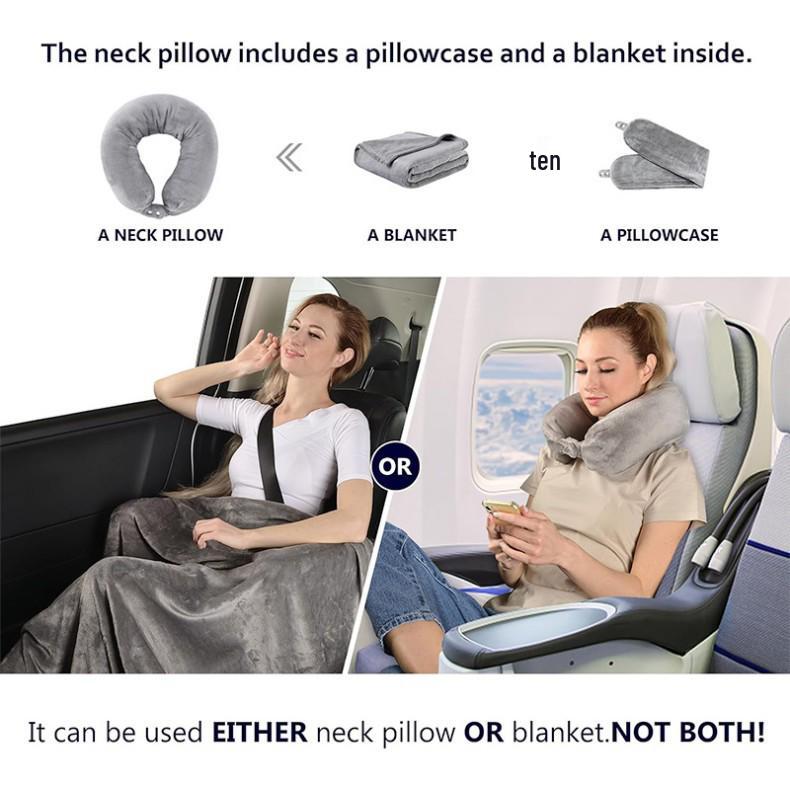 Inflatable Travel Neck Pillow with Portable Flannel Fleece Blanket and Zipper Storage Bag