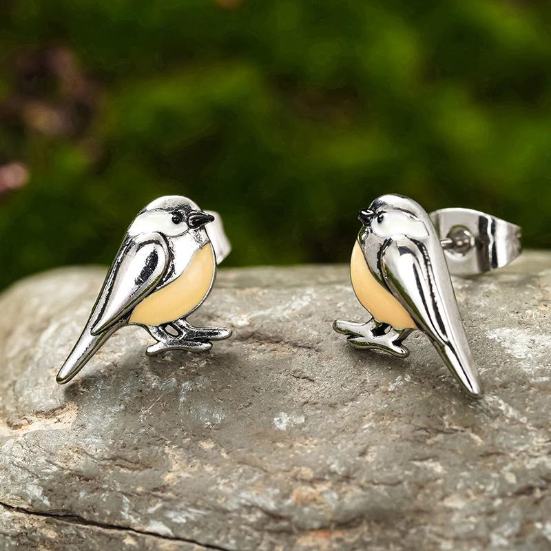 New animal earrings, cute bird painting oil design earrings, simple and versatile niche earrings
