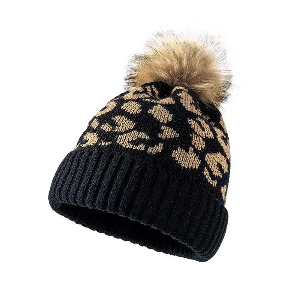 

Cozy Leopard Print Hat Curled Edge Woolen Hat Trendy Wool Ball Hat Autumn Winter Outdoor Wear чорний