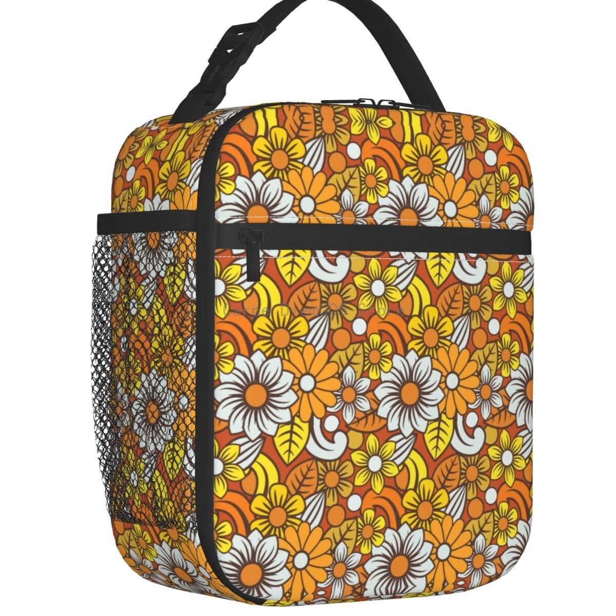Retro 70s Orange Flower Pattern Insulated Lunch Tote Bag Mid Century Modern Bohemian Portable Cooler Thermal Bento Box Camping One Size