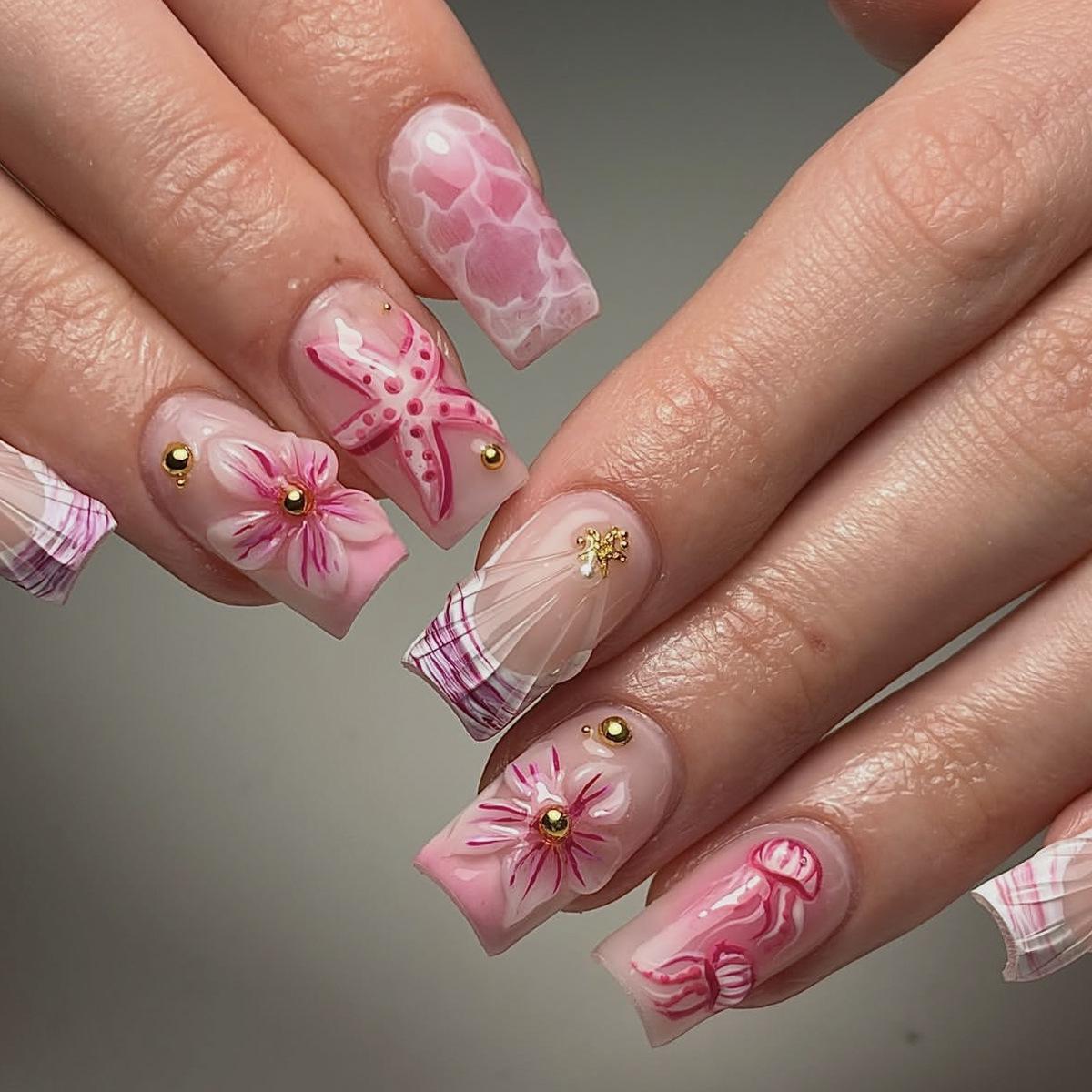 Ins Style Pink 3D Carved Hot Girl French Square False Nails