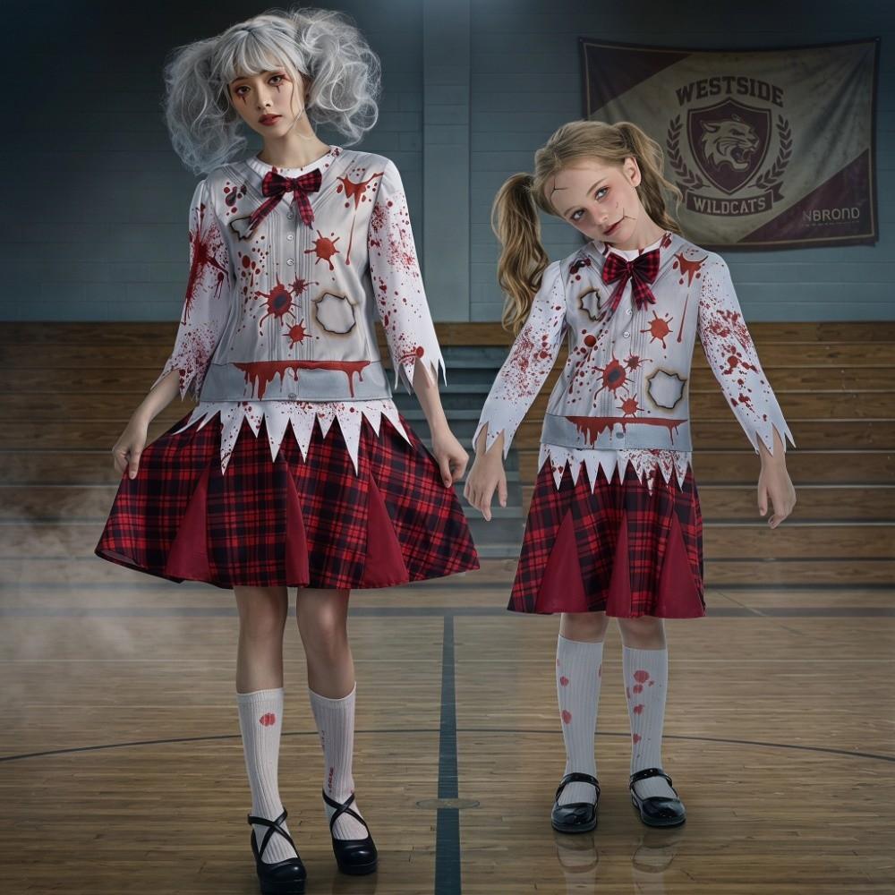 Creepy Halloween Zombie Costume Red Plaid Bloody Dress NPC Zombie Cosplay Costume Halloween