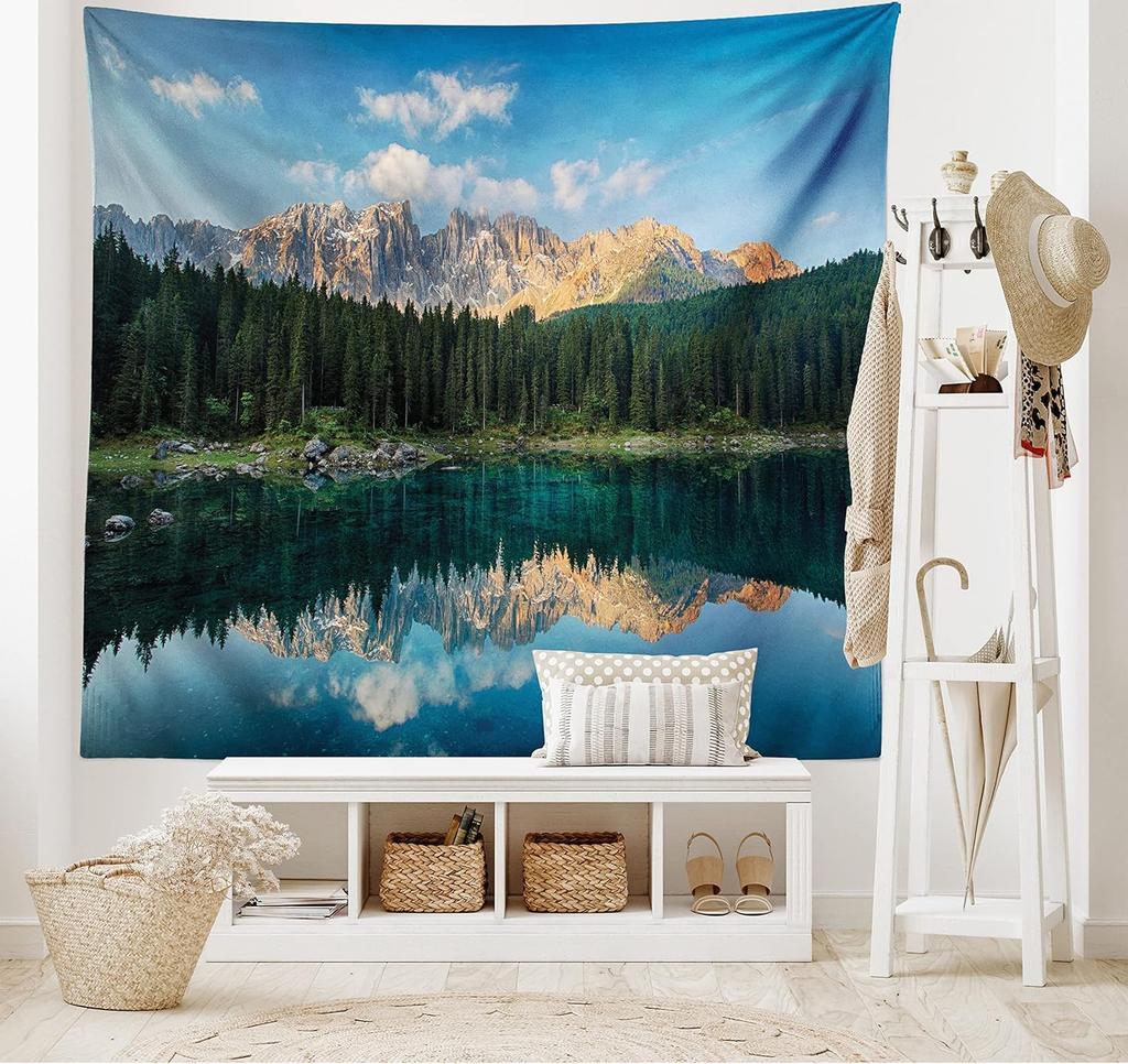 Landscape Tapestry Lake Mountain Forest Landscape Lago Di Carezza Wild Nature Scenic Picture Wide Wall Hanging for Bedroom