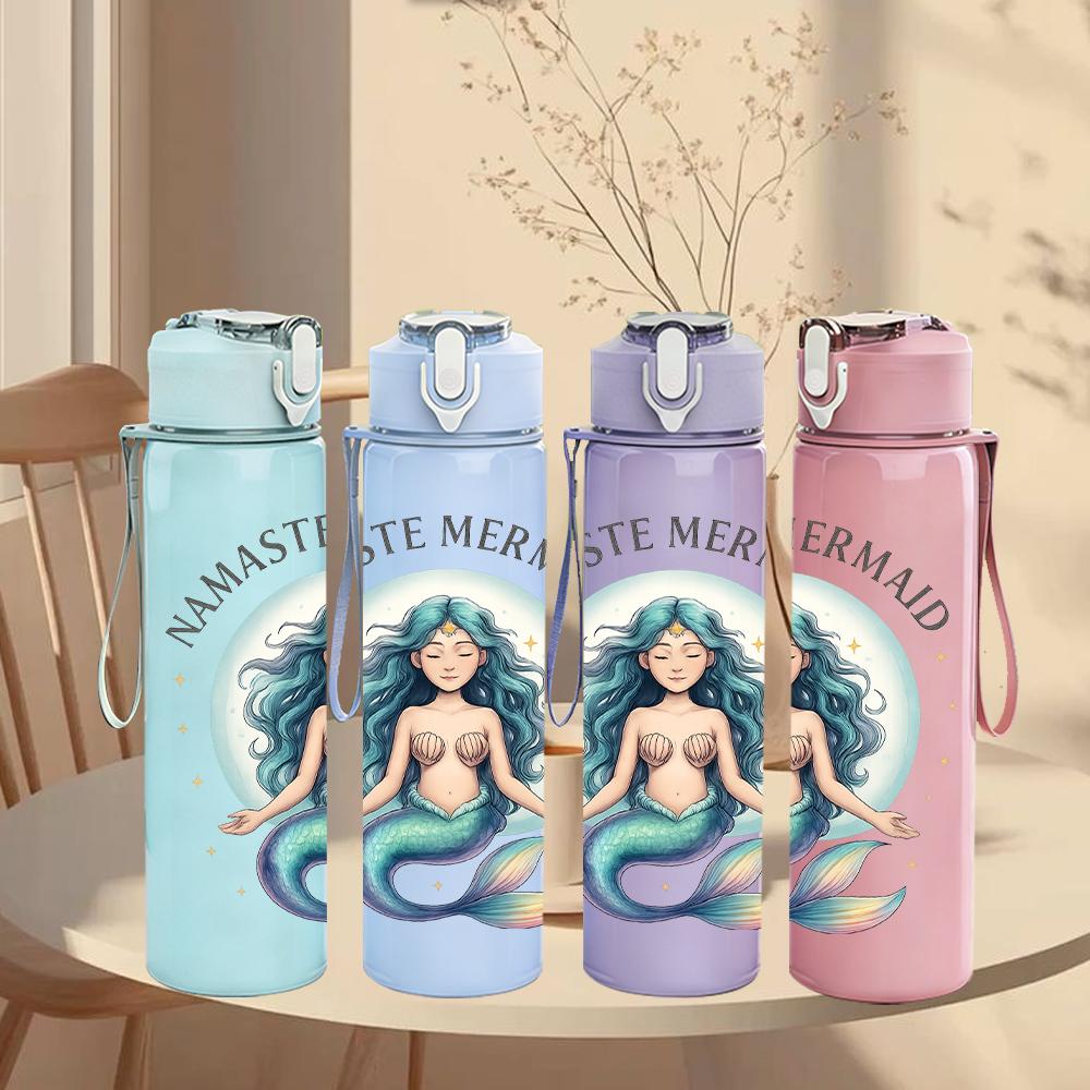 1PC Mermaid Namaste Graphic,750ml Color Plastic Sports Water Bottle,Leakproof Flip Straw Lid,Suitable for Sports Office Home Use