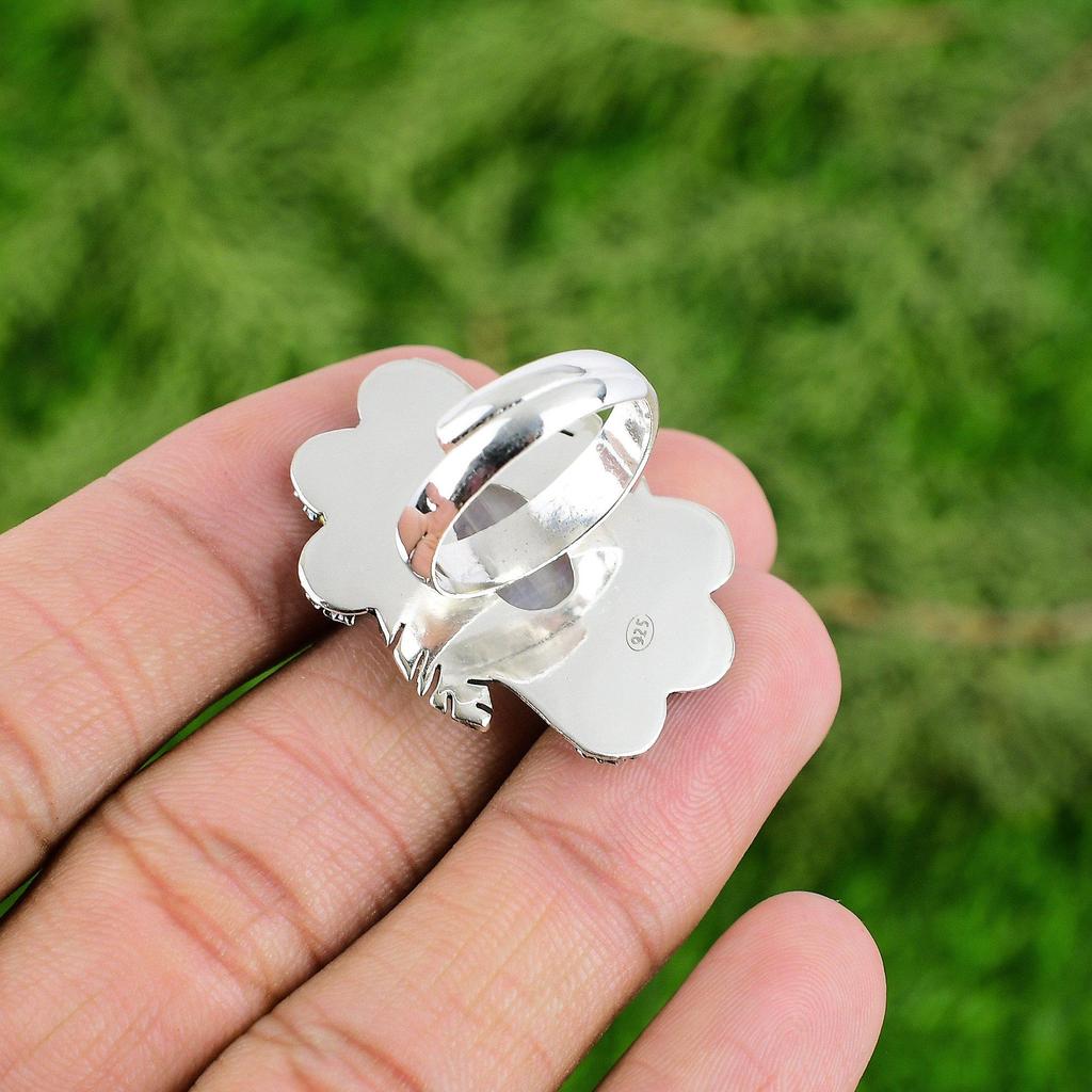 Natural Rainbow Moonstone Gemstone Statement Flower Adjustable Ring 925 Silver