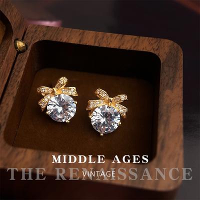 Light Medieval Zircon Bow Stud Earrings French Court Style Niche Stud Earrings