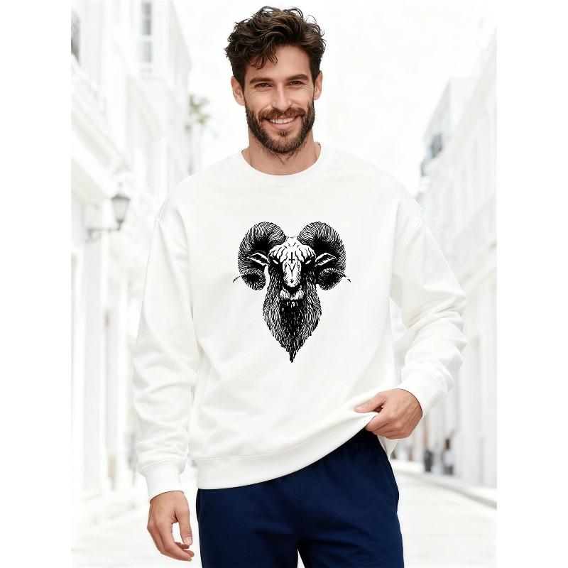 Men'S Casual Round-Neck Sweatshirt with Ram Head Design
