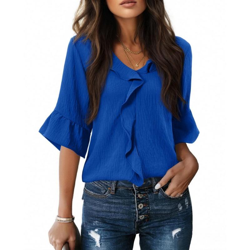 Womens V Neck Ruffle Blouse Three Quarter Bell Sleeve Casual Chiffon Top