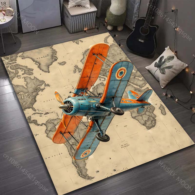 Retro Airplane and Map Pattern Carpet for Bedroom Living Room Bedside Sofa Floor Mat Modern Home Decor Area Rug Large Size