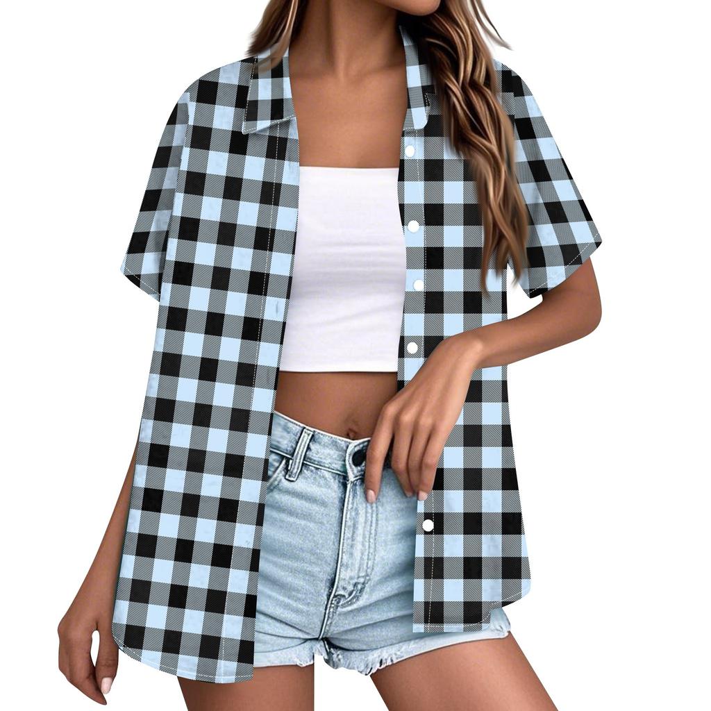 Women's Short Sleeve Button Down Shirt Loose Fit Casual Collared Blouse Summer Top