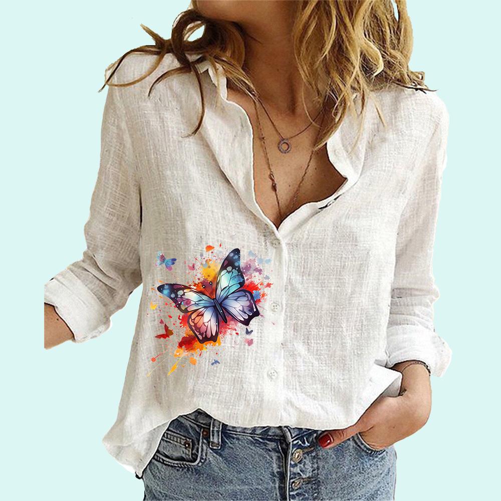 

Женская повседневная рубашка на пуговицах с принтом бабочки, женская мода, весенне-осенний льняной топ с длинными рукавами, женские блузки с длинными рукавами S белый