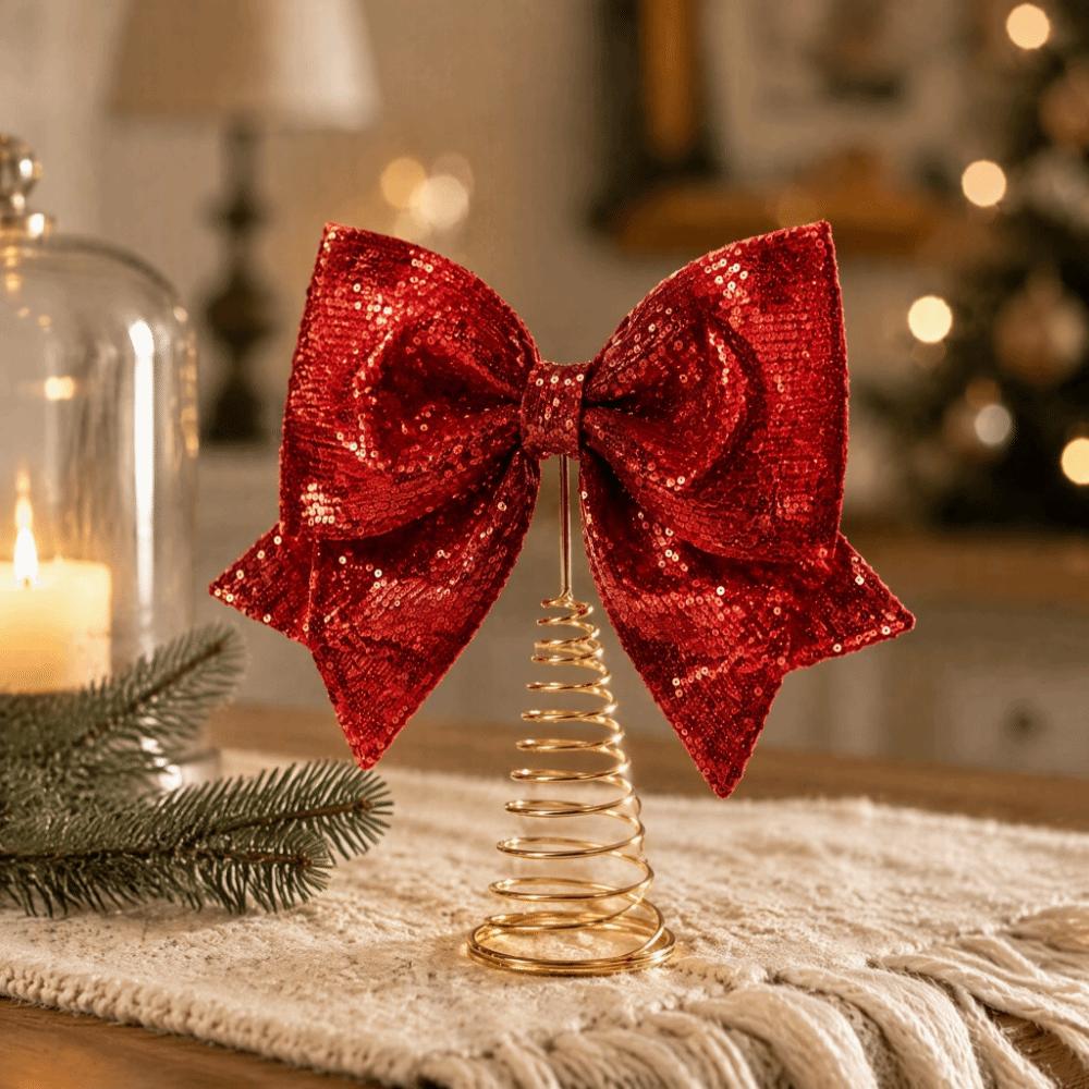 Shiny Sequin Bow Tree Topper Stable Christmas Tree Top Decoration  Home Christmas