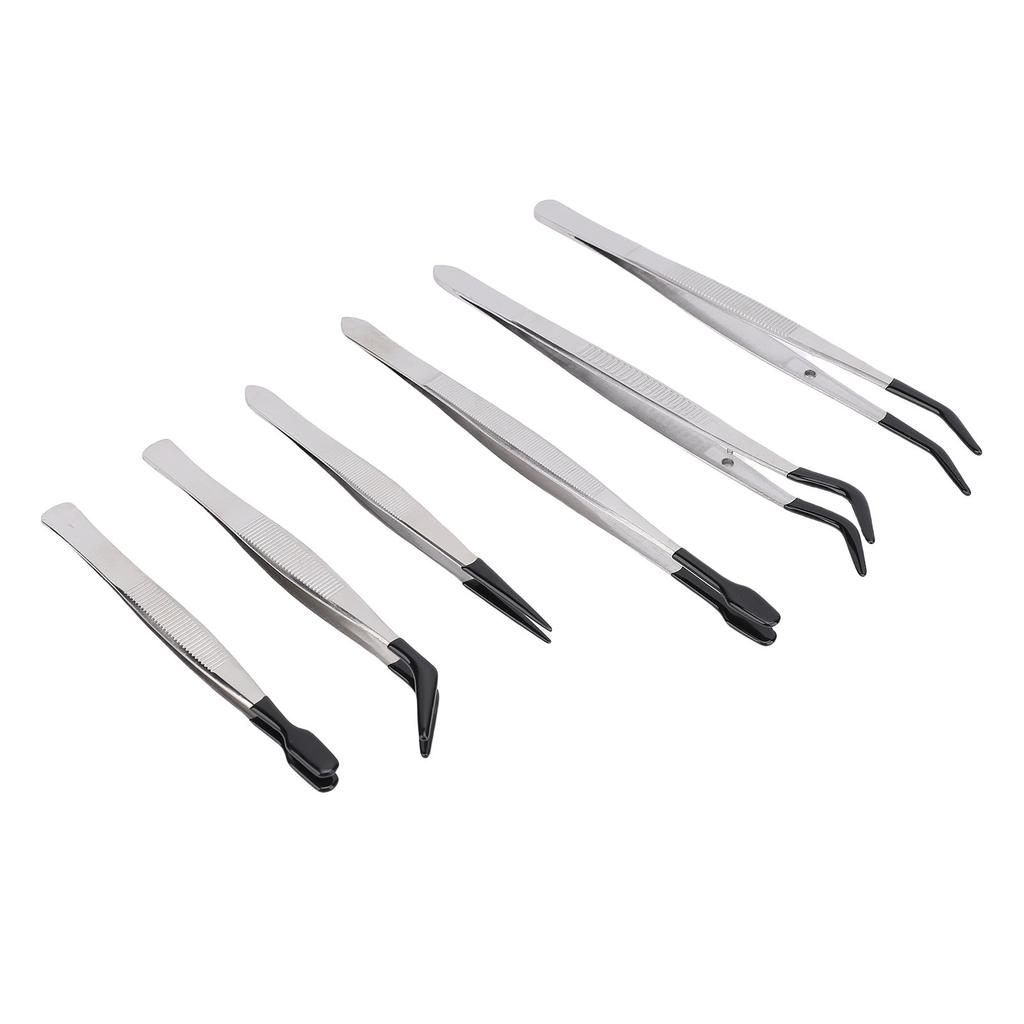 6Pcs Set Stainless Steel Tweezers Tool Rubber Wrapped Head Multifunctional False Eyelash Tweezers for Makeup Application and Stamp Collection