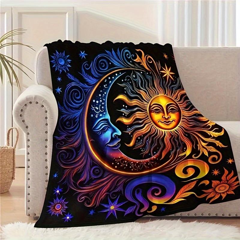 Sun Moon God Flannel Blanket – Soft Vibrant Celestial Throw – Star Flower Design – Living Room Decor