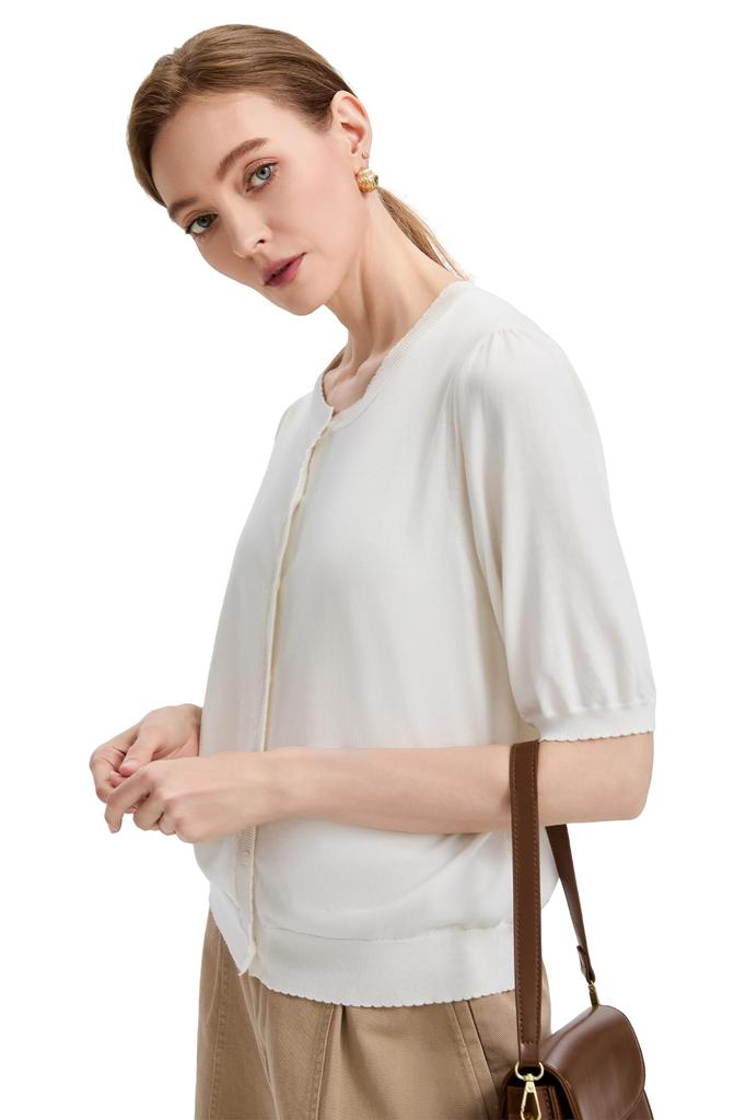 Summer Short Lightweight Knit Crew Silk UV Slimming Summer Front Suitable for Air Conditioning XS [VETLURY] Women's Cardigan, Sleeve, Top, Neck,
