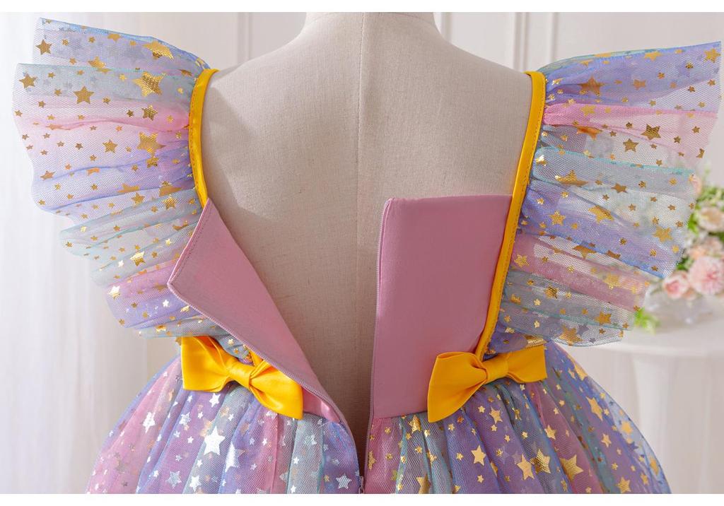 Children's Princess Dress Set with Seven-Color Wing Sleeves, Starry Mesh, and Fluffy Ball Gown