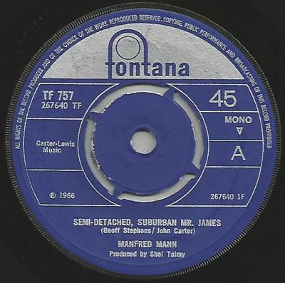 7inch Record MANFRED MANN - Semi-Detached, Suburban Mr. James TF757 Fontana 1966 UK Rock Used