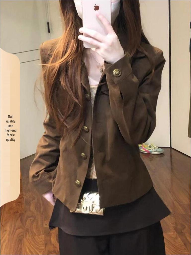 Women's Turn-Down Collar Brown Workwear Jacket, Petite Short Style, Early Autumn American Design